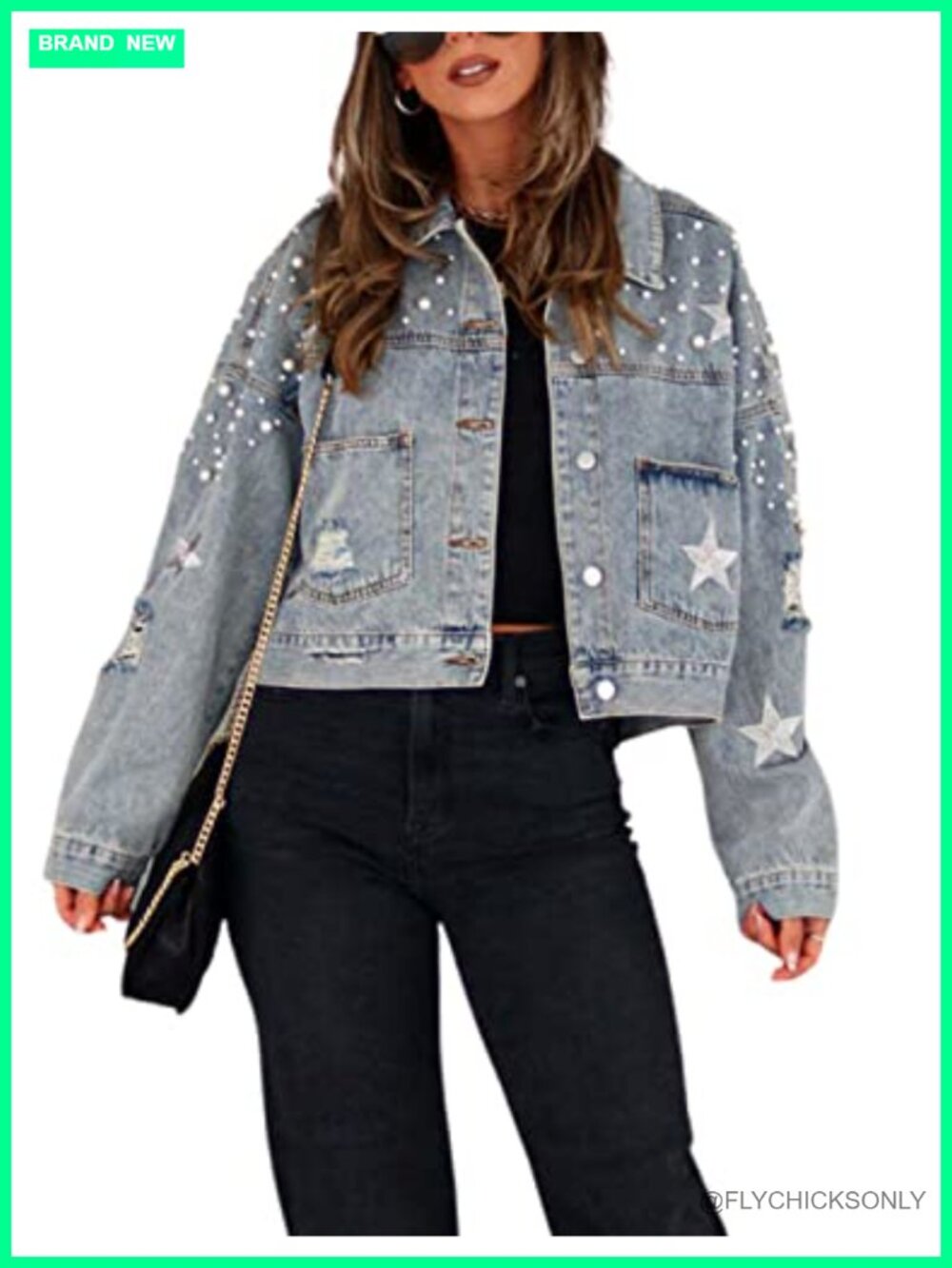 Esmeling Cropped Pearls Beading Jean Jacket Ripped Star Embroidered Denim